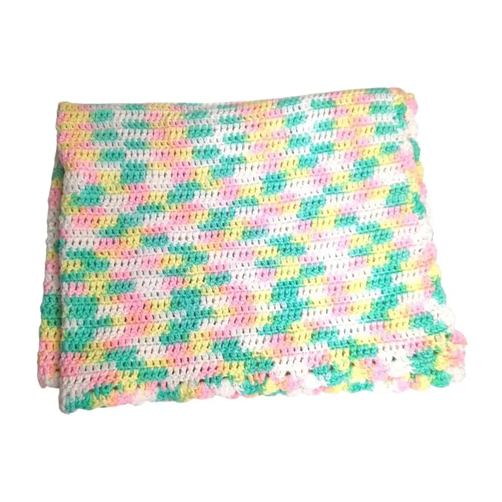 Hand-Crochet Pink, White, Yellow, Green, rectangle Baby Blanket Afghan 31